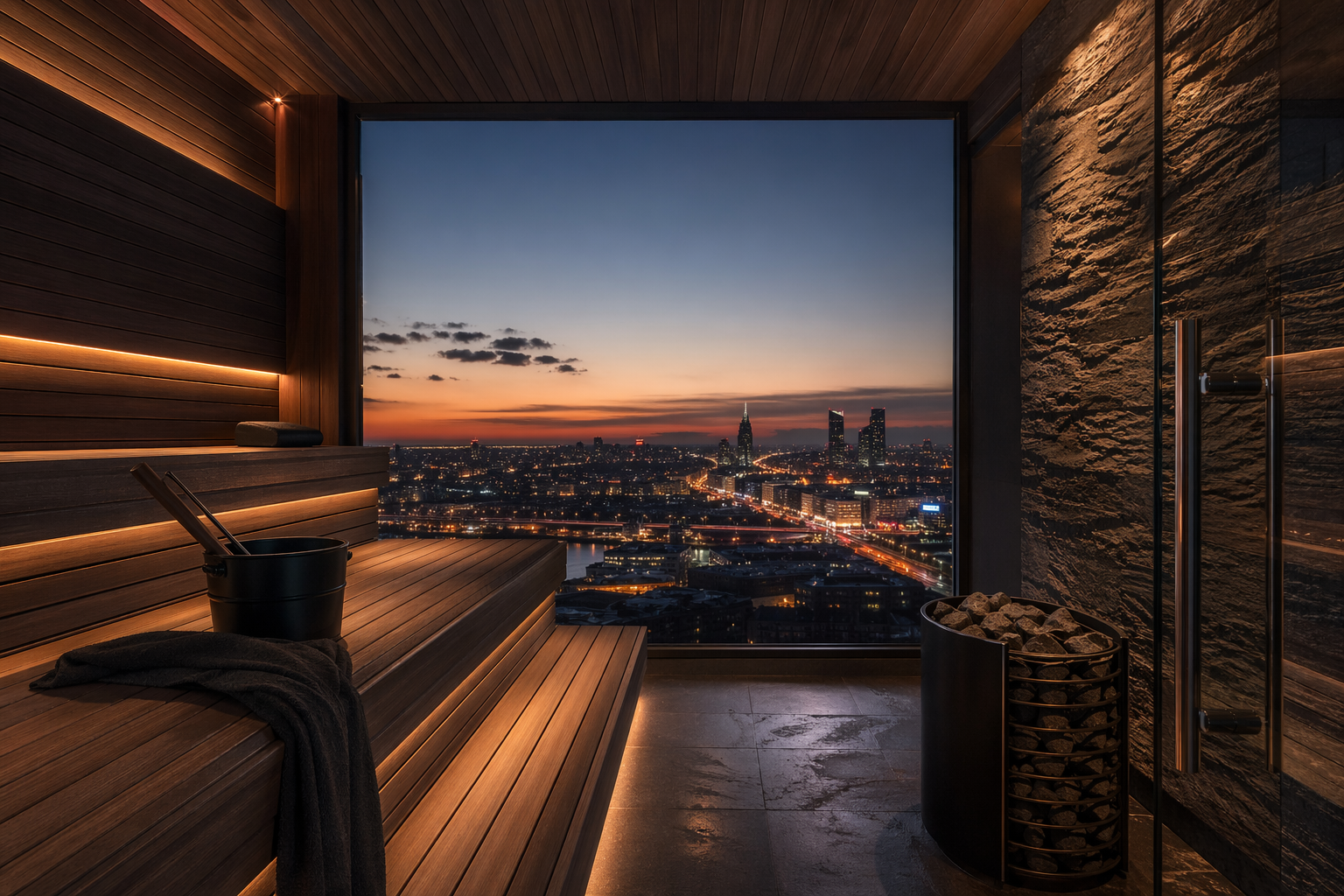 Finnish luxury sauna with modern design and city view window at Levellanch247