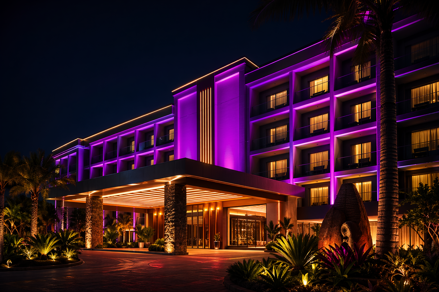 Levellanch247 hotel exterior at night with neon branding and illuminated facade