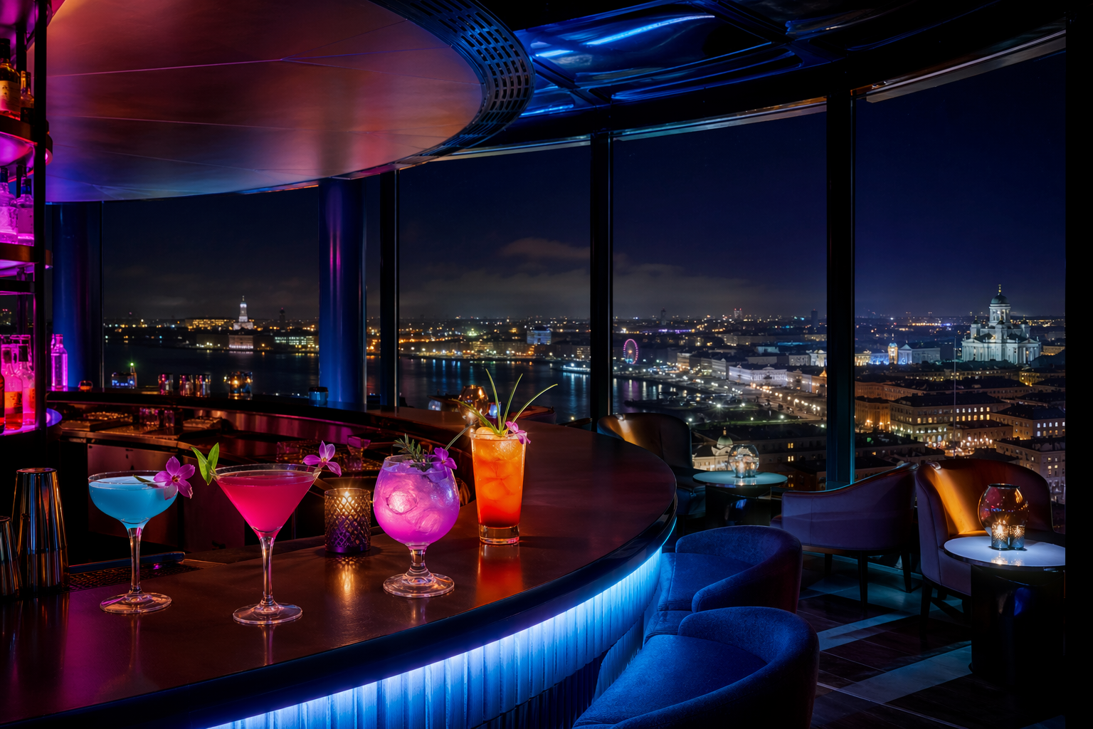 Levellanch247 Sky Bar with neon cocktails and panoramic Helsinki night view