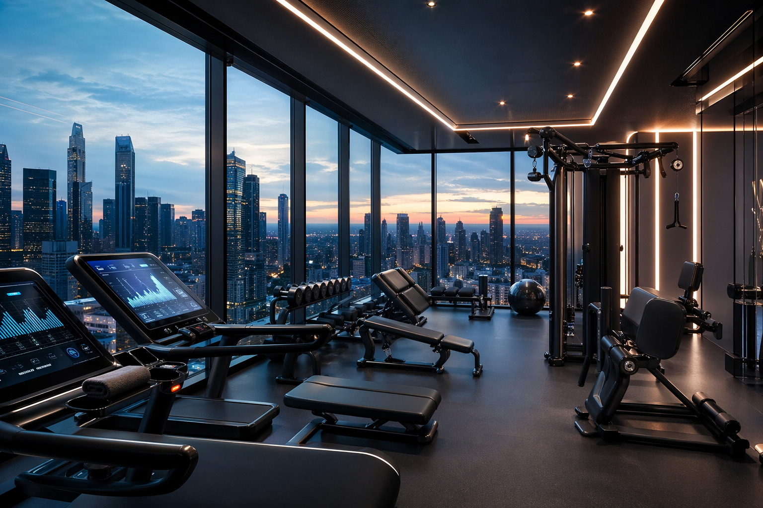 Levellanch247 smart AI-powered gym with panoramic city view and modern equipment